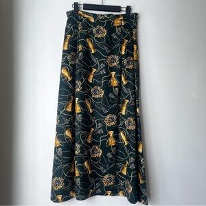 Vintage 80s/90s Green Trophy Crest Tassel Print Maxi Skirt M